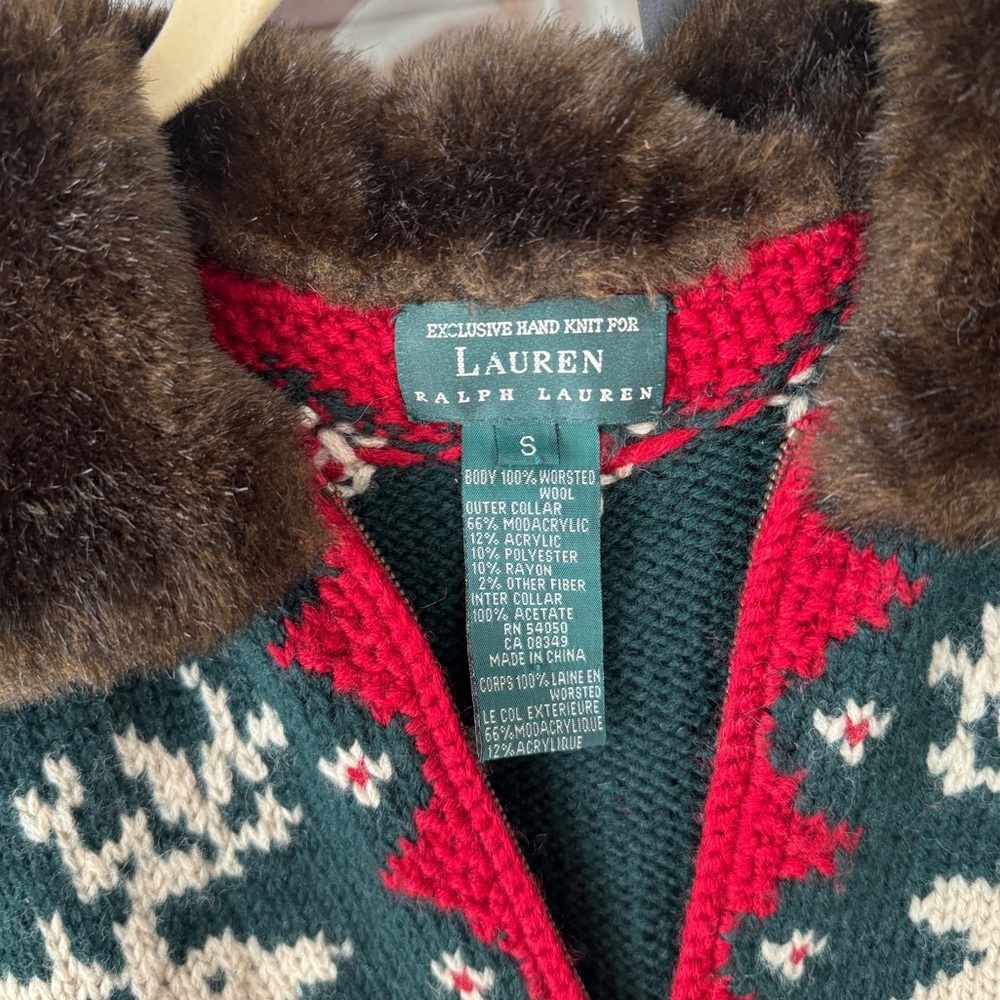 Vintage Ralph Lauren Hand Knit Wool Fur Collar Reindeer Christmas Sweater zipup - Picture 10 of 14